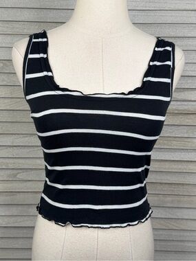 VIOLET MOON Striped Lettuce Edge Cropped Tank Top Black/White-Small